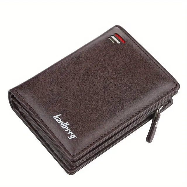 Men's retro short PU leather wallet with multiple card slots, buckle and zipper for bank cards