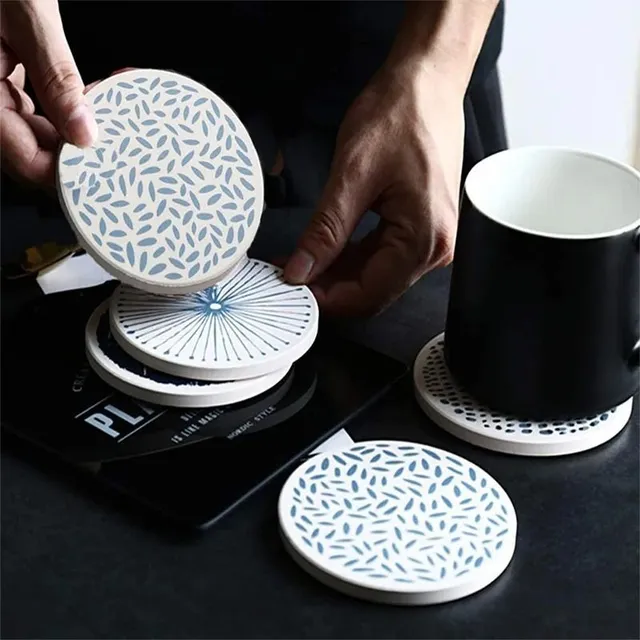 6 ceramic coasters with retro pattern and stand, anti-slip and thermal insulation