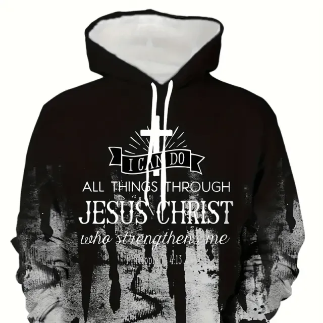 Men's Christian sweatshirt with hood and print "Jesus Christ" - design sweater for leisure