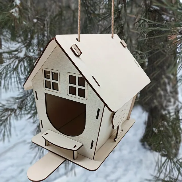 Bird feeder made of wood with a bed and a tray, suitable for outdoor garden