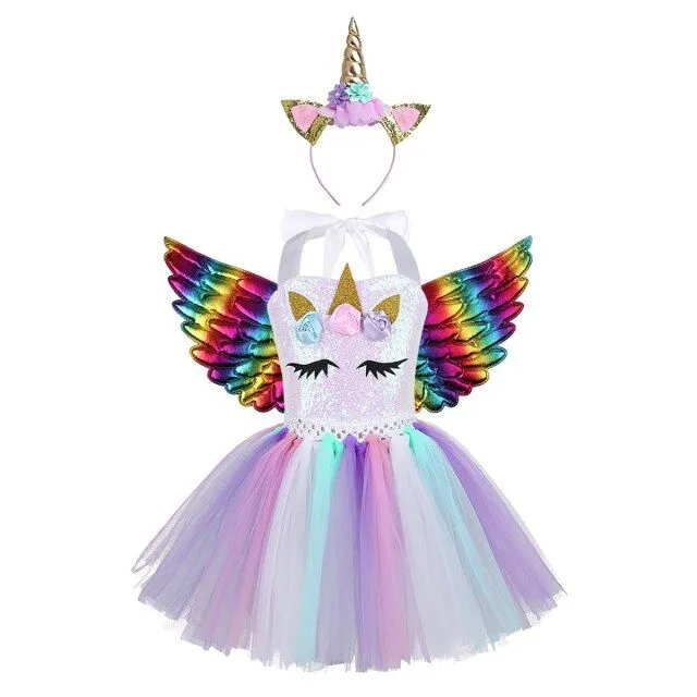 Girl's sequin tulle dress with unicorn with wings and headband