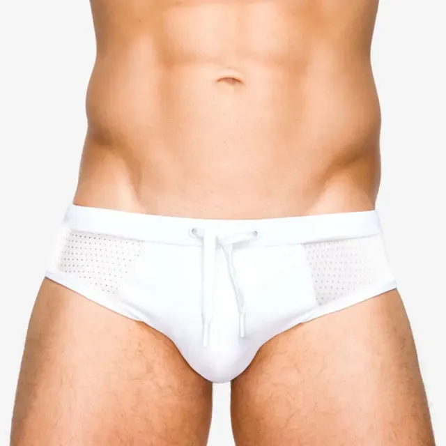 Men's white swim trunks with transparent elements