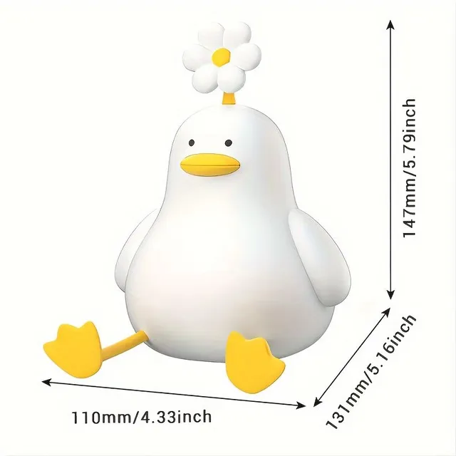 Nightlight duckling with flower - From silicone, 3 brightness levels, timer, USB recharge - Creative gift