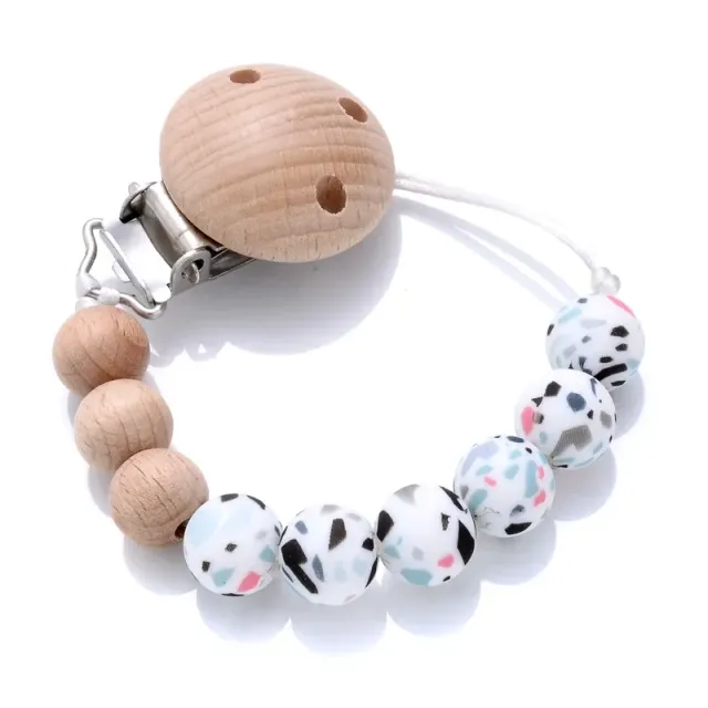 Wooden pacifier clip with silicone bite and round beads