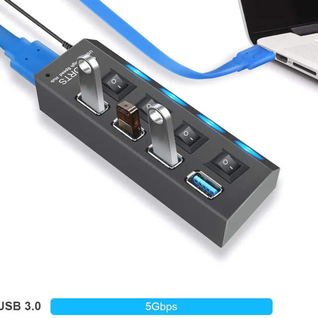 Rozbočovač USB s vypínači a LED signalizací