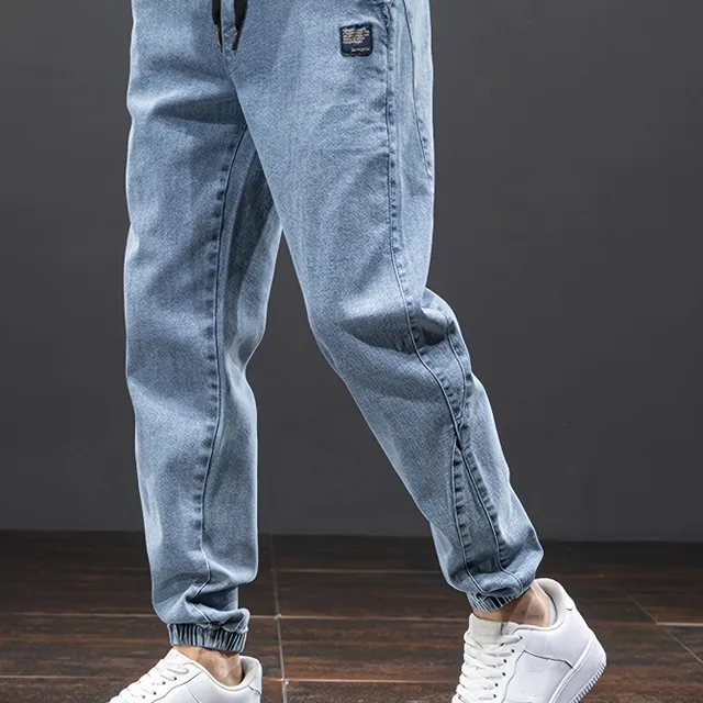 Men's denim joggers with pockets, comfortable string cotton pants for leisure and outdoor activities