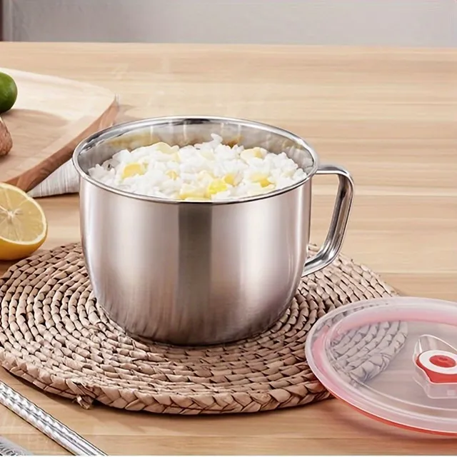 Stainless steel noodles bowl with handle and lid from PP material for snack to office