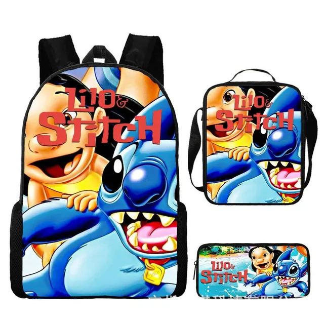 Set pentru copii cu 3 piese școlare cu motivele personajelor animate preferate Lilo și Stitch Rucsac / Geantă peste umăr / Penar