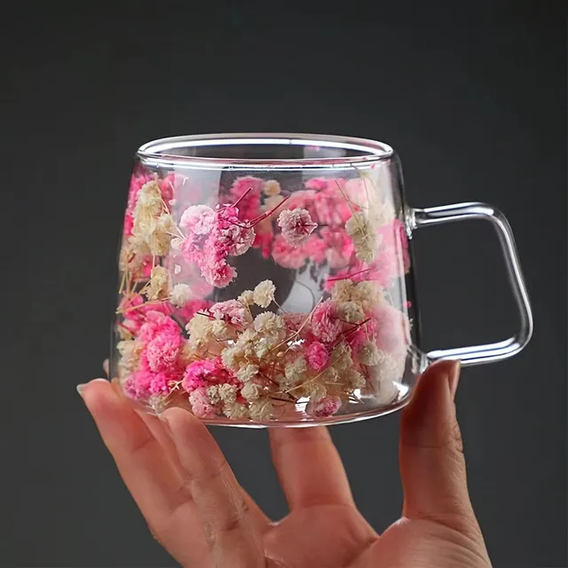 Stylish double glass jar with dried flowers - ideal for coffee, juice and as a birthday present