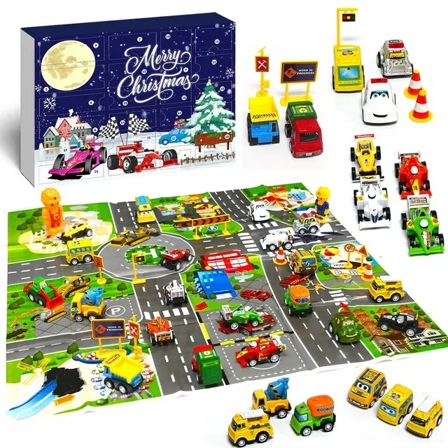 Christmas advent calendar with different cars on the carpet with road