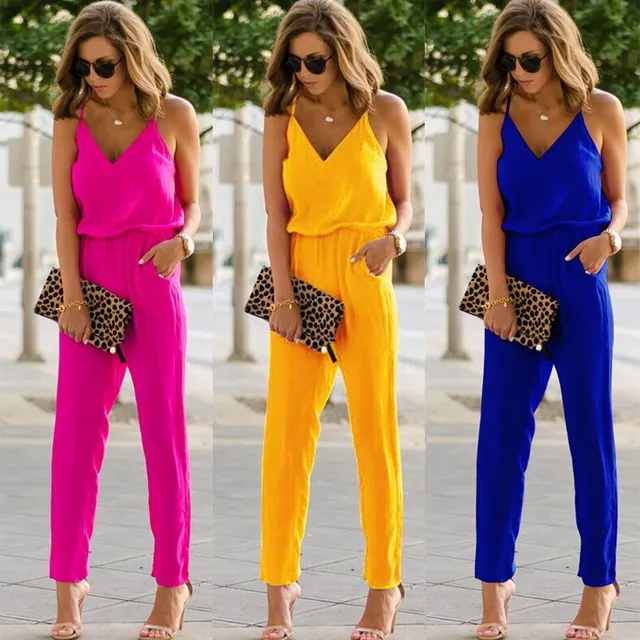 Colorful long social female overall with neckline