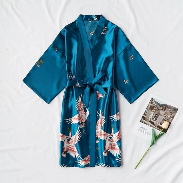 Ladies satin dressing gown with birds print lake blue S