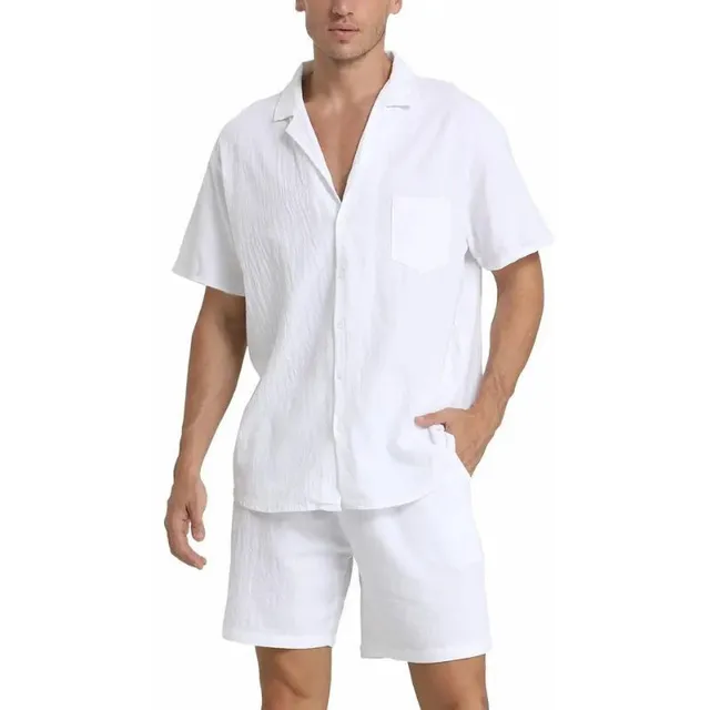 Men's 2-piece summer set in cotton and linen - short sleeve and shorts