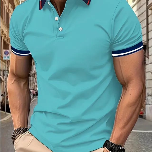 Men's golf polo shirt with short sleeve for leisure - breathable with contrasting lining