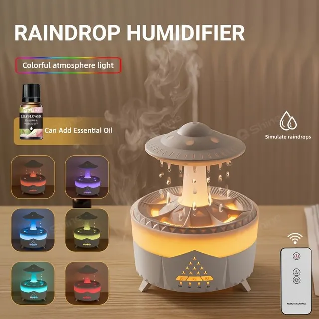 Air humidifier with rain cloud and drops, diffuser, aroma lamp
