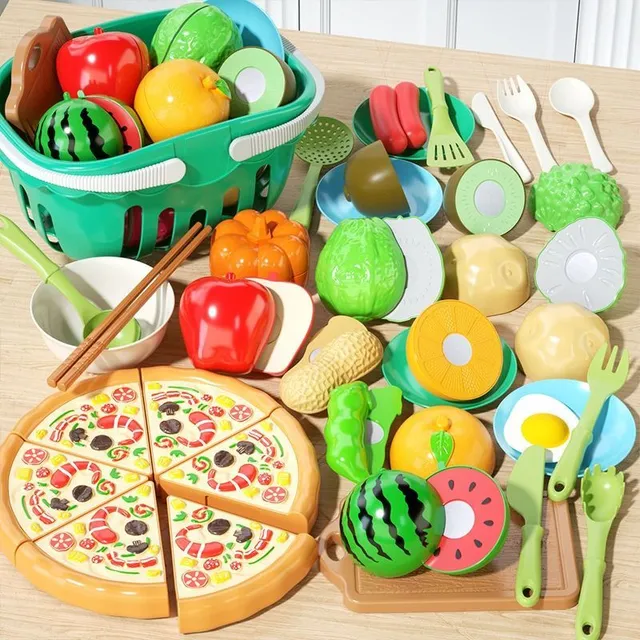 Children's kitchen play set - 69 pieces - Fruit, vegetables, pizza and more