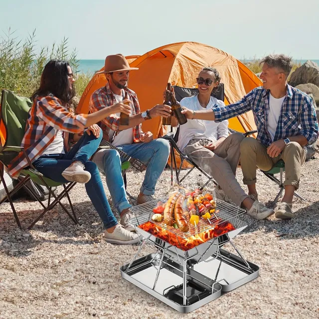 1pc Portable Folding Grill On Wooden Coal, Cook On Wood From Stainless Steel For Outdoor Camping Picnic