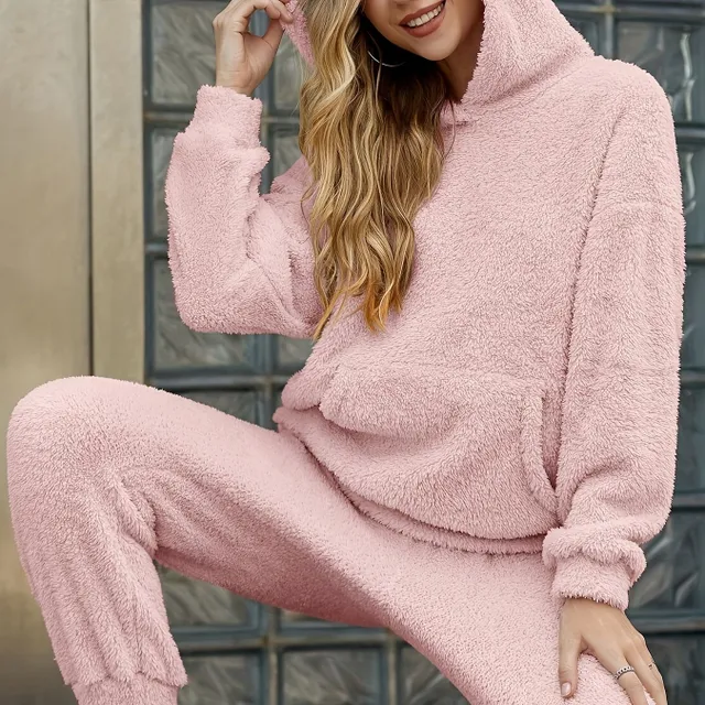 Solid Plush Two Piece Set, Kangaroo Pockets Long Sleeves, Hood And Long Warm Pants, Women's Clothing