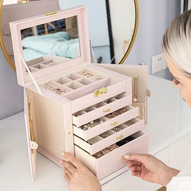 1 piece Large jewelry box, 5-storey PU leather organizer with lock, multifunctional storage case with mirror