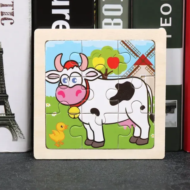 Puzzle din lemn pentru copii 11x11 cm: Vehicule, animale, motive desenate, Jucării educaționale Montessori pentru copii