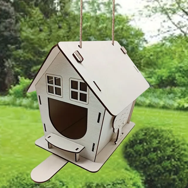 Bird feeder made of wood with a bed and a tray, suitable for outdoor garden