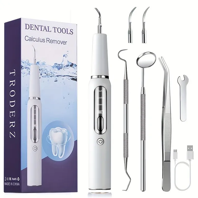 Odstraňovač zubov - Elektrický čistič zubov pre plak a kameň s LED svetlom, 3 režimy (nabité), súprava na čistenie zubov s náradím, 2 výmenné hlavy