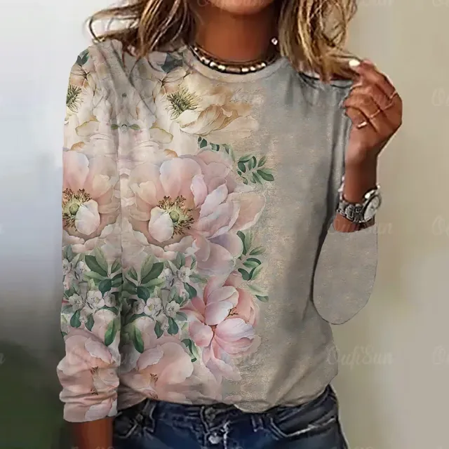 Women's long sleeve t-shirt with three-dimensional flower print - More variations