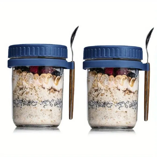 Glass oatmeal canvas with 2 pieces, portable yogurt canister, breakfast can, uzavirable with lid and spoon, salad bowl