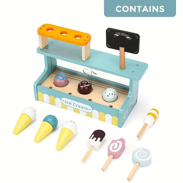 Dřevěná zmrzlinová sada na hraní pro děti: Pultík, kopečky, zmrzlina a doplňky