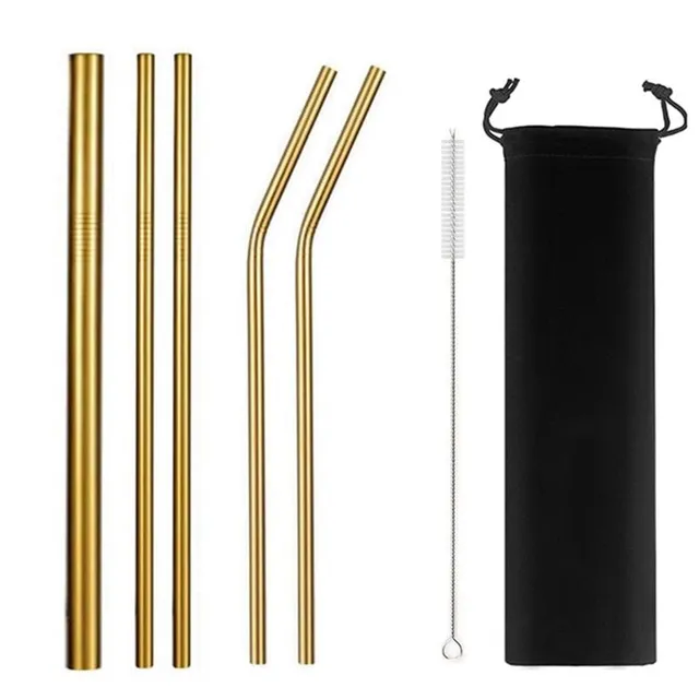 Set of reusable stainless steel straws with sleeve