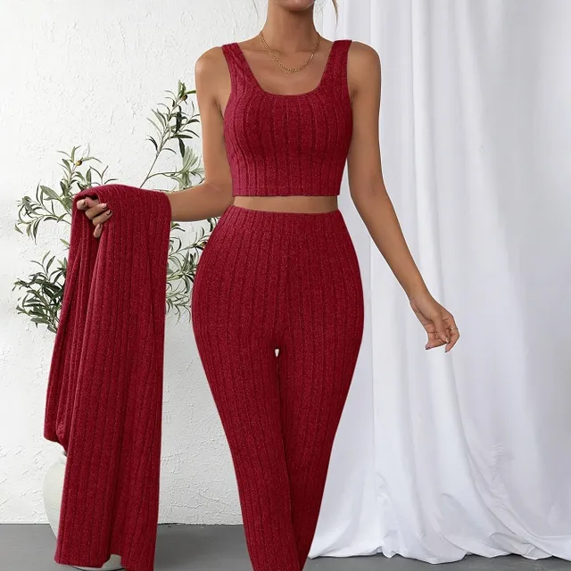 Women's 3-piece ribbed set: shortened top, cardigan with long sleeve and trousers with high waist