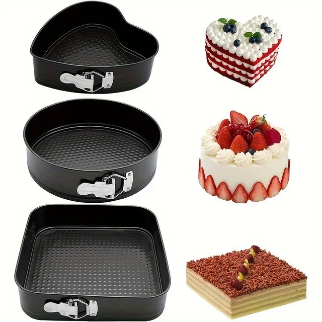 Set of 3 cake forms with removable bottom - round, heart and square