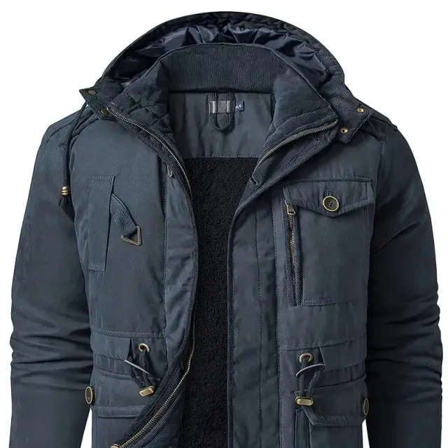 Men's warm winter jacket with hood, multifunctional pockets, elegantly casual