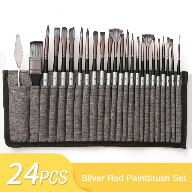 Set de pensule Pro Series - Pensule sintetice premium pentru acrilic, ulei, acuarelă și tempera (24 buc + cuțit)
