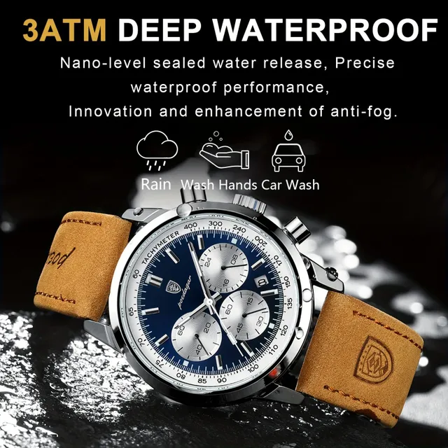 Men's chronograph watch business/free time quartz with luminance, analog, with PU leather strap, with data indicator