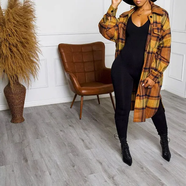 Long plaid coat with long sleeves in wool blend yellow xl