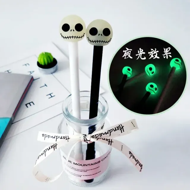 Set of 30 black gel pens with night light and skull for students