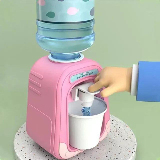 Mini water dispenser for children with cute motif for simulation of cold/hot water