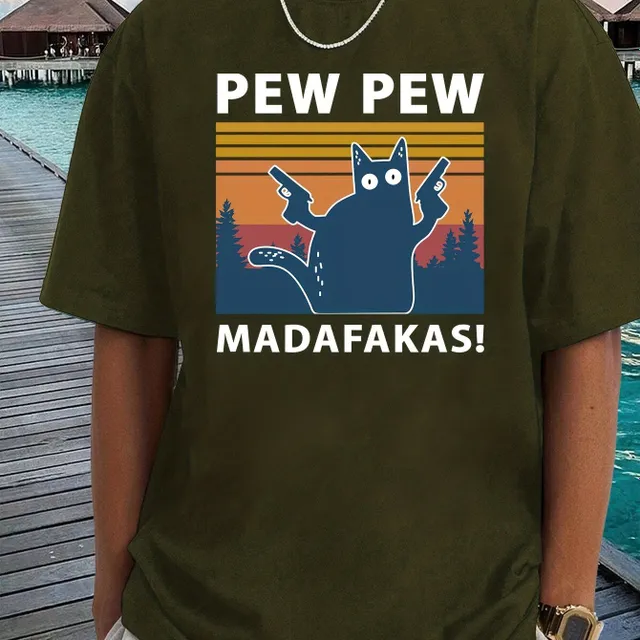 PEW PEW! Tricou bărbătesc cu pisică și umeri căzuți