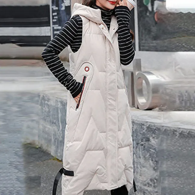 Ladies long fashion vest with irregular stitching and hood