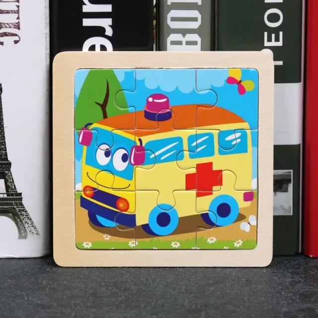 Drevené puzzle pre deti 11x11 cm: Vozidlá, Domáce zvieratá, Karikatúry, Montessori vyučovacie hračky pre deti