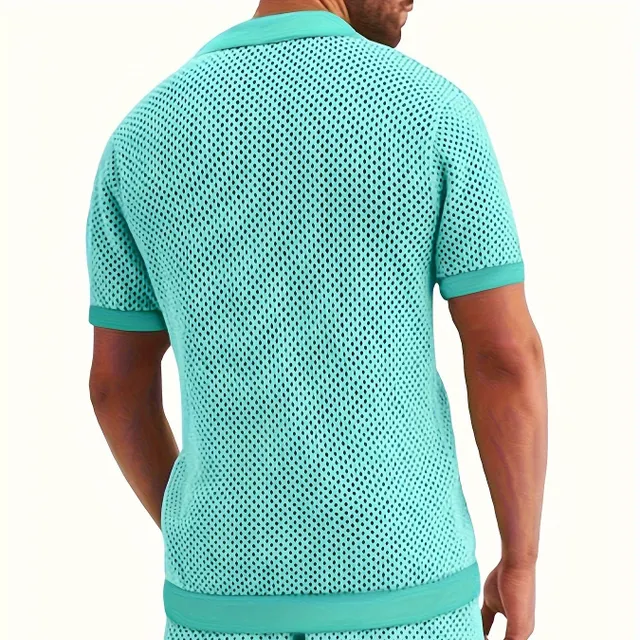 Breathable knitted or crocheted men's set with t-shirt and shorts with broken design