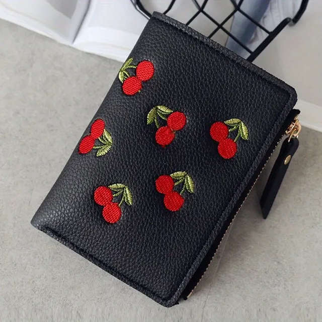 Cherry embroidered coin box wallet, zipper case