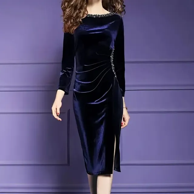 Velvet dress with contrasting trim, heel neckline, long sleeves, slitting and cuffing - elegant dress on the figure