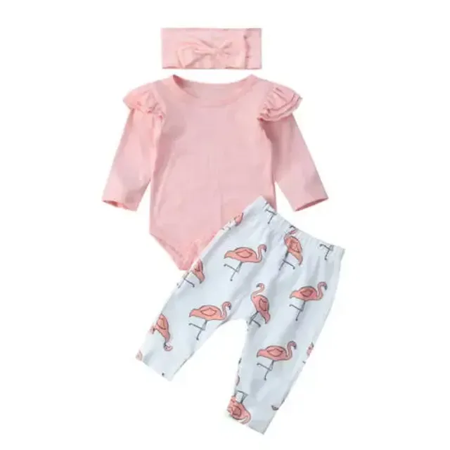 Salopetă pentru copii cu mâneci scurte și pantaloni lungi cu flamingo și bandană