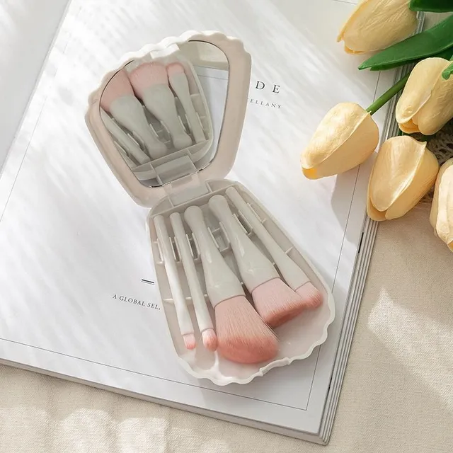 Design set of fine cosmetic brushes in practical packaging with mirror in shell shape