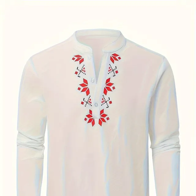 Tričko s retro etnickým vzorem, tenká bavlna, pohodlné, dlouhé rukávy, véčkový výstřih