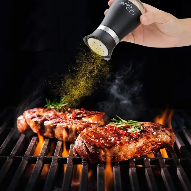 Set of stainless steel salt and pepper sprays with glass bottle