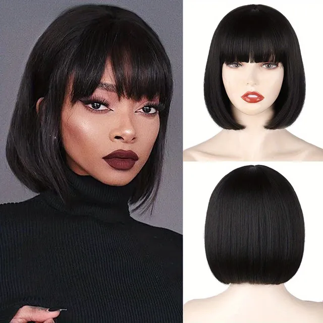 Women's wig: White, short straight bob with bang, natural synthetic fiber, for everyday wear - Hair extension and replacement