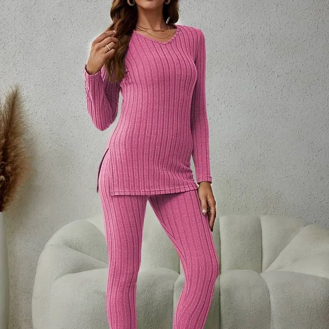 Set două piese pentru femei din tricot canelat - mâneci lungi, decolteu în V, fermoar, pantaloni slim